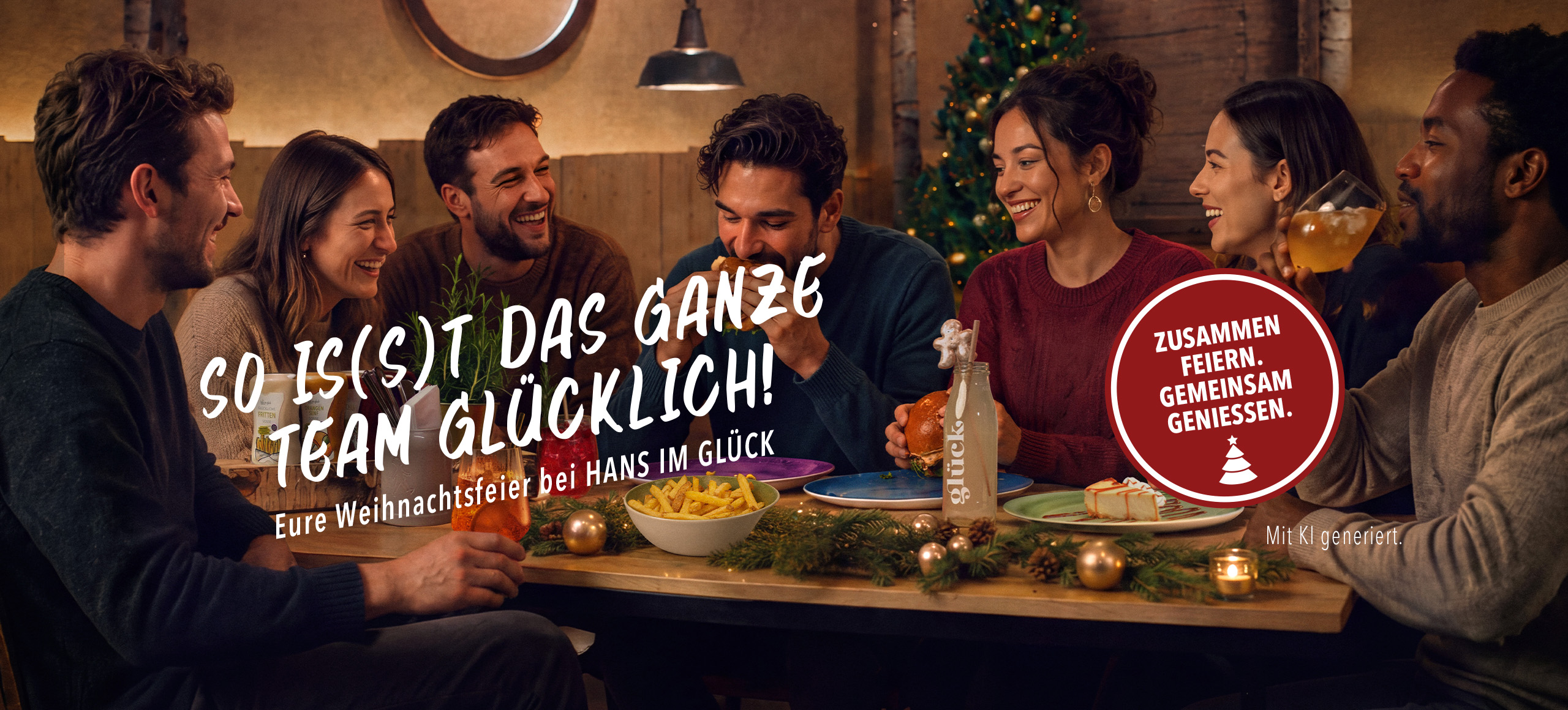 Gruppe bei einer gemeinsamen Weihnachtsfeier mit Burgern, Fritten und Getränken bei HANS IM GLÜCK.